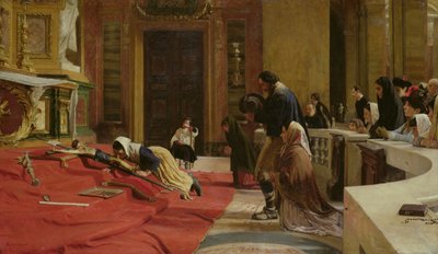Kruipen naar het kruis op Goede Vrijdag in de kerk van San Carlo ai Catinari, Rome, 1884 door Remy Cogghe